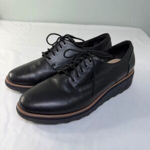 Clarks Collection Sharon Dolly Black Leather Wedge Oxfords Womens Size 9